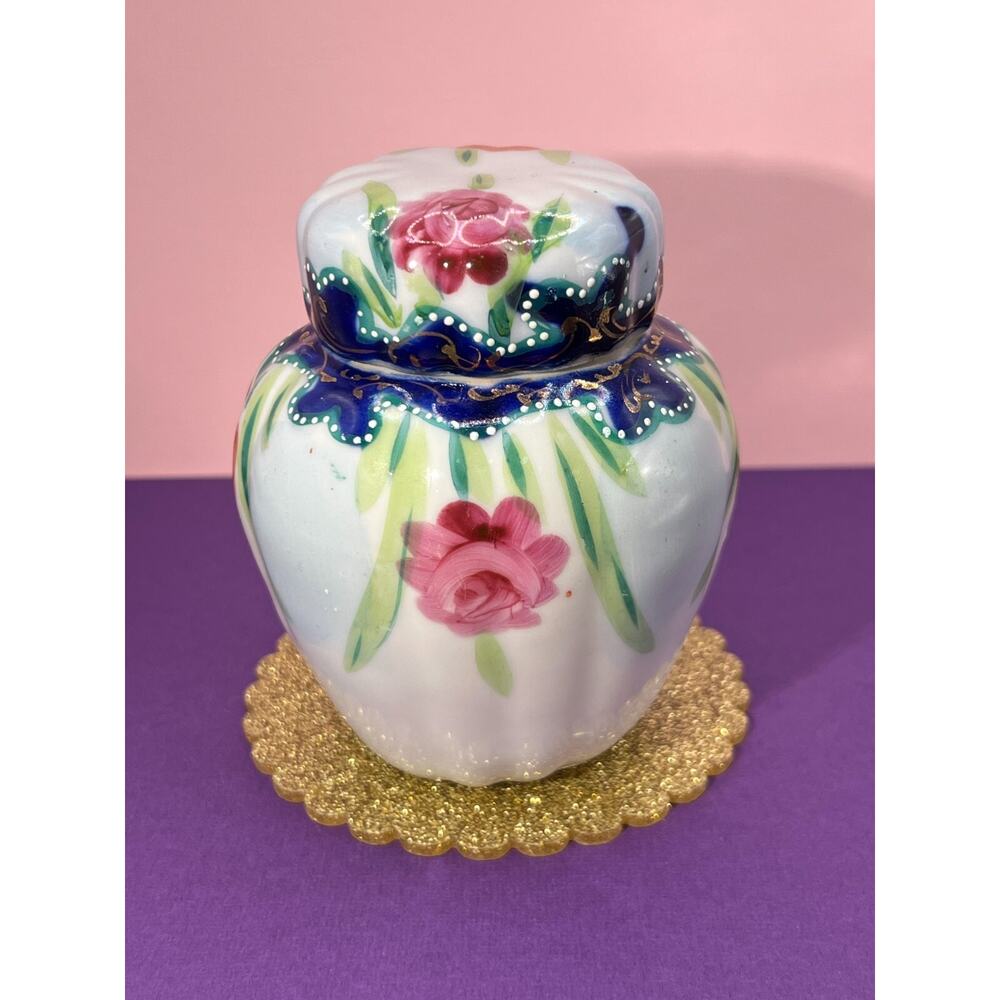 Ginger Jar w/Lid Floral Golden Tone Accents Hand Painted 4in